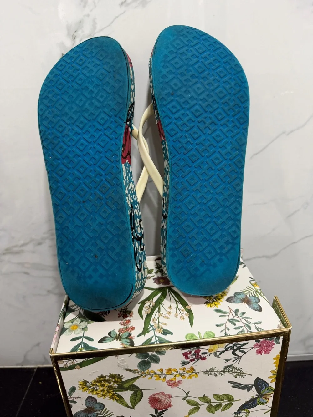 Tory Burch Teal Floral Flip Flops with Cream Straps